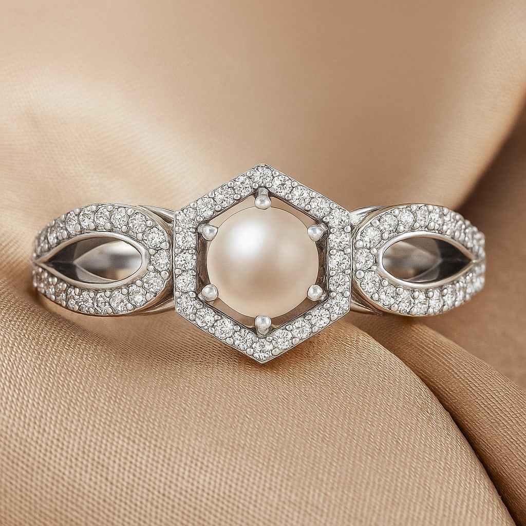 Natural Pearl Gemstone & Lab Grown Diamonds Silver Ring: Natural Pearl Gemstone & Lab Grown Diamonds Silver Ring Jewelry Type : Ring Gemstone : Natural Pearl Gemstone Shape : Round Gemstone Size : 5 MM Gemstone Quantity : 1 Piece Diamond Type :
