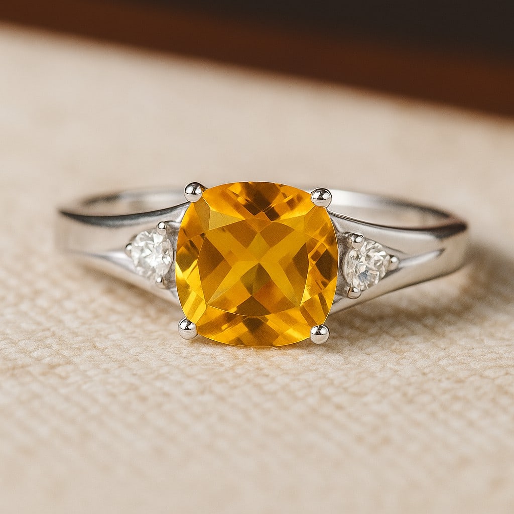 Natural Citrine Gemstone & Lab Grown Diamonds Silver Ring: Natural Citrine Gemstone & Lab Grown Diamonds Silver Ring Jewelry Type : Ring Gemstone : Natural Citrine Gemstone Shape : Cushion Square Gemstone Size : 8 MM Gemstone Quantity : 1 Piece Diam