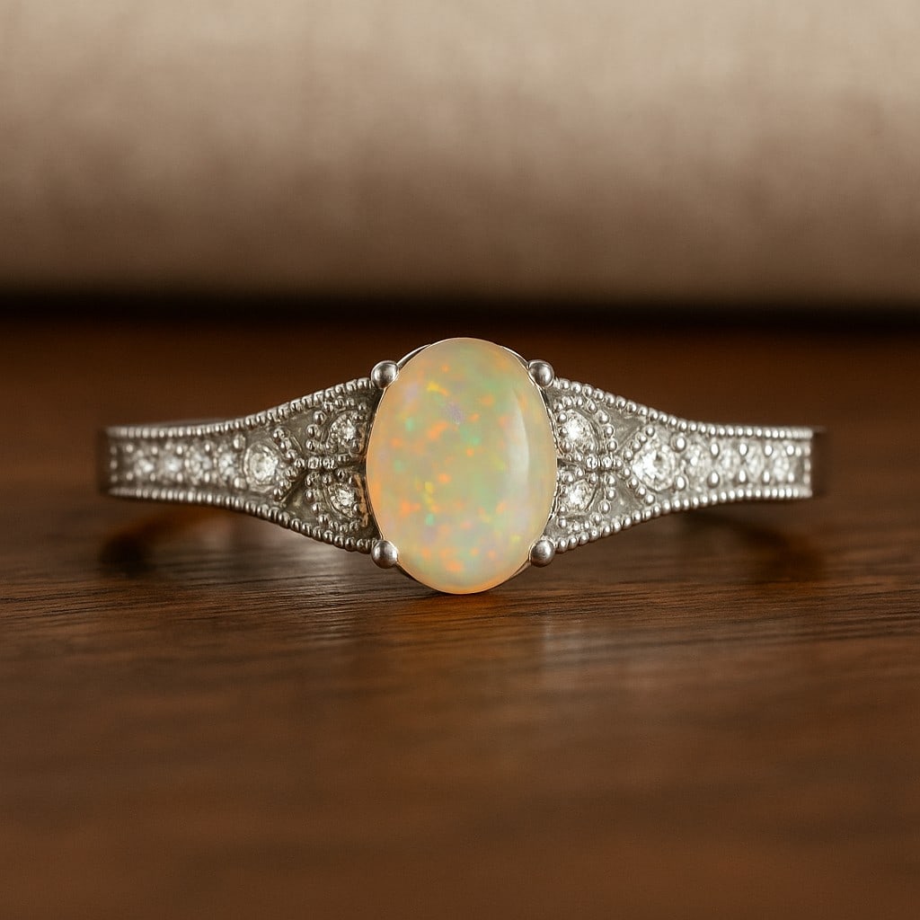 Natural Opal Gemstone & Lab Grown Diamonds Silver Ring: Natural Opal Gemstone & Lab Grown Diamonds Silver Ring Jewelry Type : Ring Gemstone : Natural Opal Gemstone Shape : Oval Gemstone Size : 7x5 MM Gemstone Quantity : 1 Piece Diamond Type :