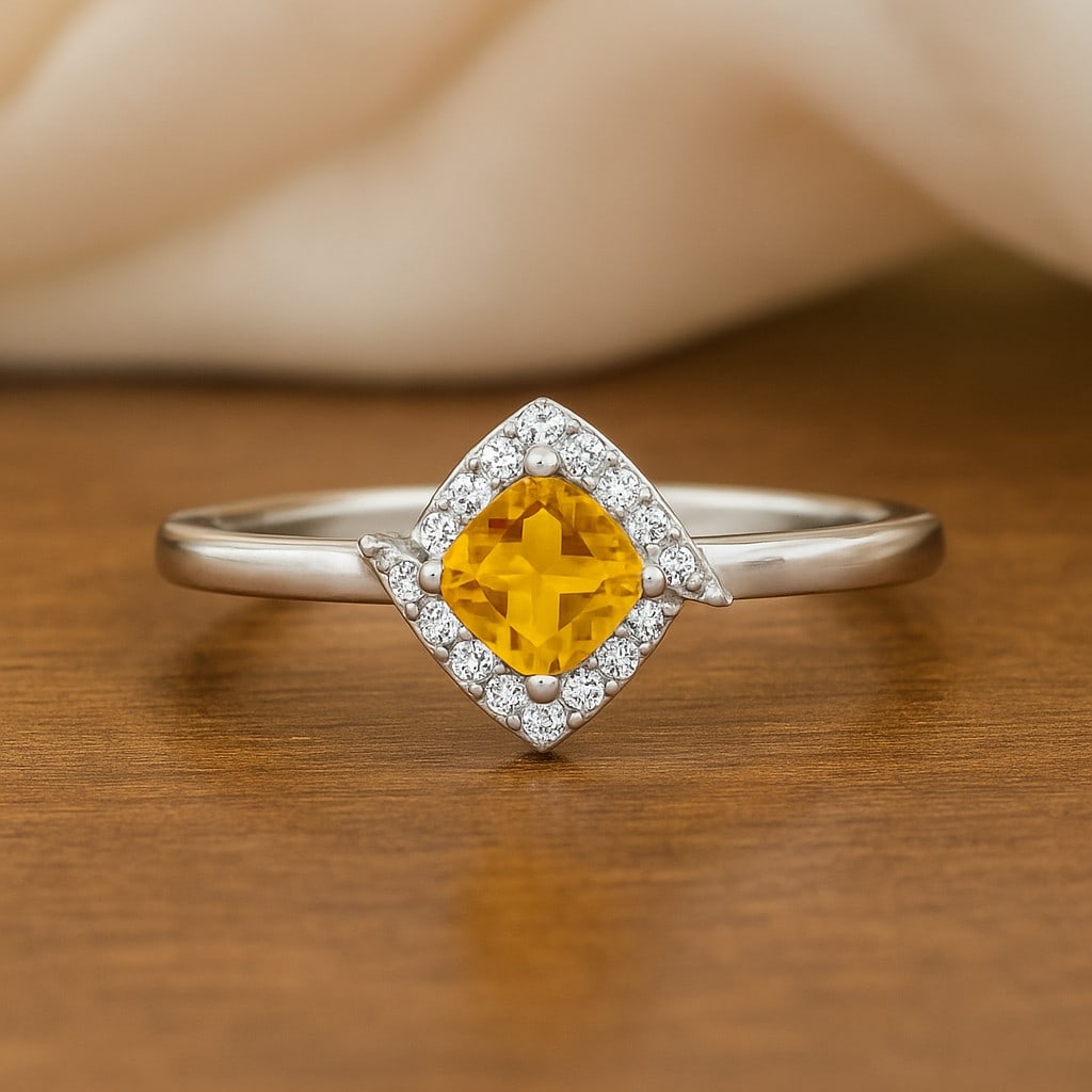 Natural Citrine Gemstone & Lab Grown Diamonds Silver Ring: Natural Citrine Gemstone & Lab Grown Diamonds Silver Ring Jewelry Type : Ring Gemstone : Natural Citrine Gemstone Shape : Cushion Square Gemstone Size : 4 MM Gemstone Quantity : 1 Piece Diam