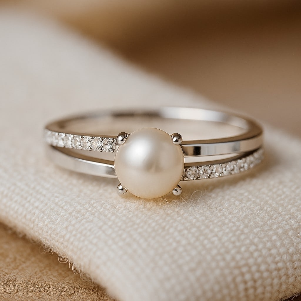Natural Pearl Gemstone & Lab Grown Diamonds Silver Ring: Natural Pearl Gemstone & Lab Grown Diamonds Silver Ring Jewelry Type : Ring Gemstone : Natural Pearl Gemstone Shape : Round Gemstone Size : 6 MM Gemstone Quantity : 1 Piece Diamond Type :