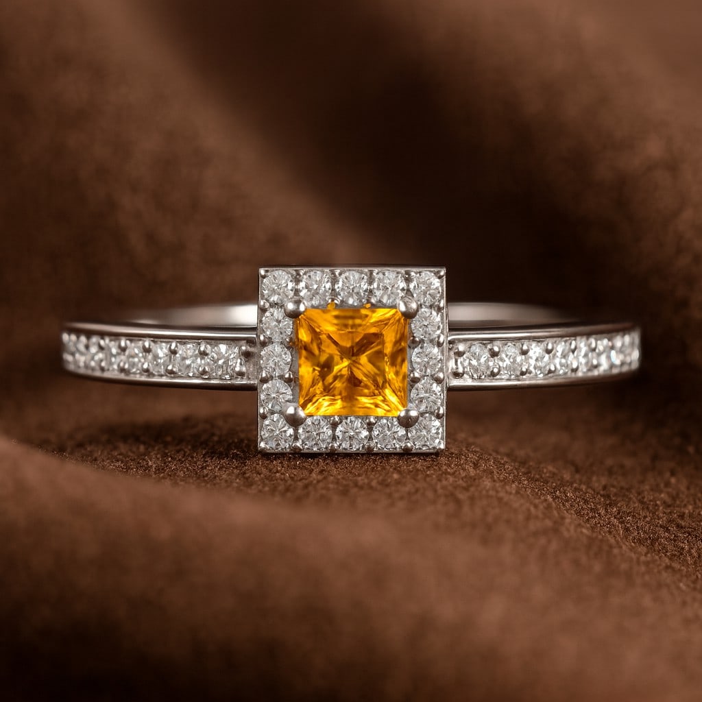 Natural Citrine Gemstone & Lab Grown Diamonds Silver Ring: Natural Citrine Gemstone & Lab Grown Diamonds Silver Ring Jewelry Type : Ring Gemstone : Natural Citrine Gemstone Shape : Princess Gemstone Size : 4 MM Gemstone Quantity : 1 Piece Diamond Ty
