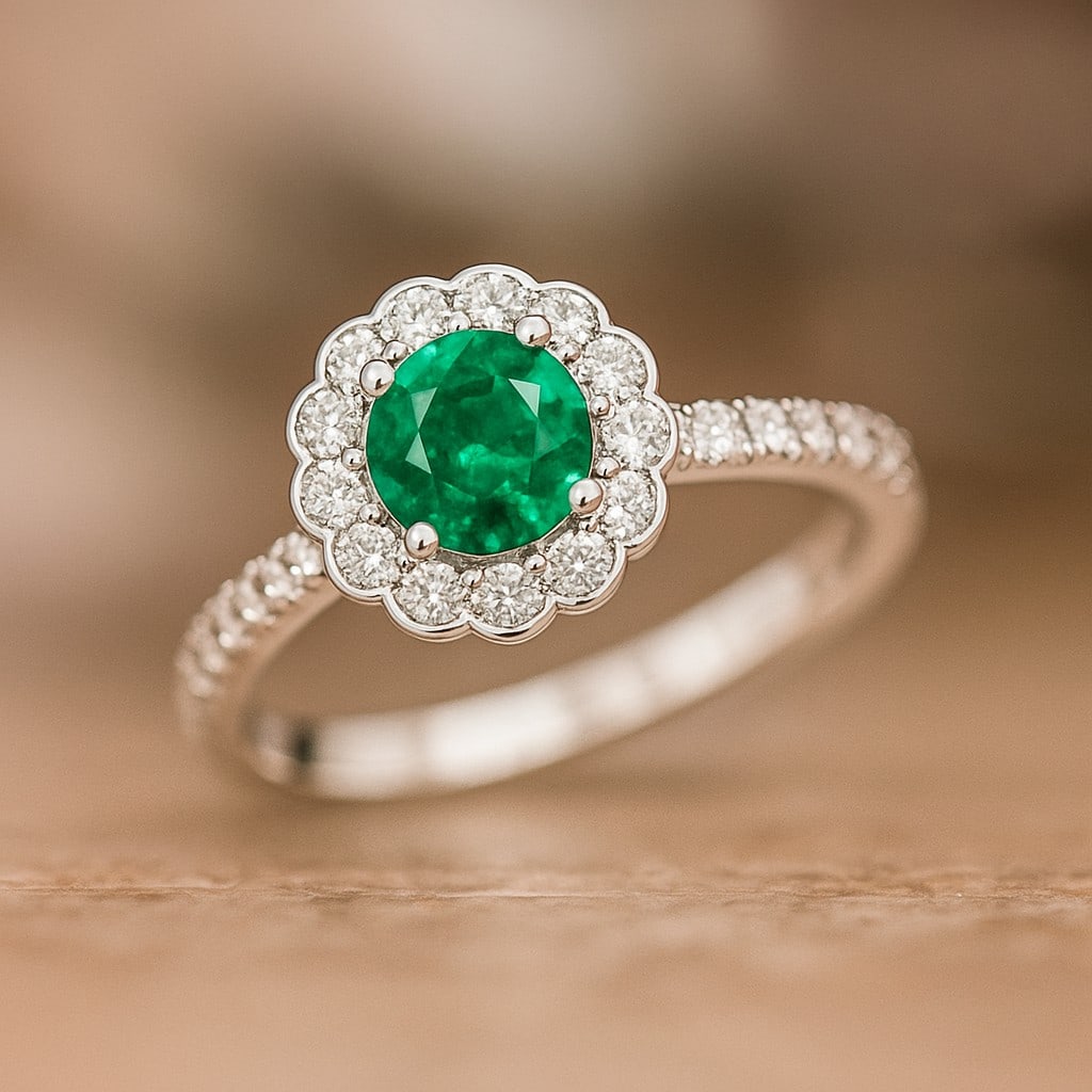 Lab Grown Emerald & Diamonds Silver Ring: Lab Grown Emerald & Diamonds Silver Ring Jewelry Type : Ring Gemstone : Lab Grown Emerald Gemstone Shape : Round Gemstone Size : 7 MM Gemstone Quantity : 1 Piece Diamond Type : Lab Grown<
