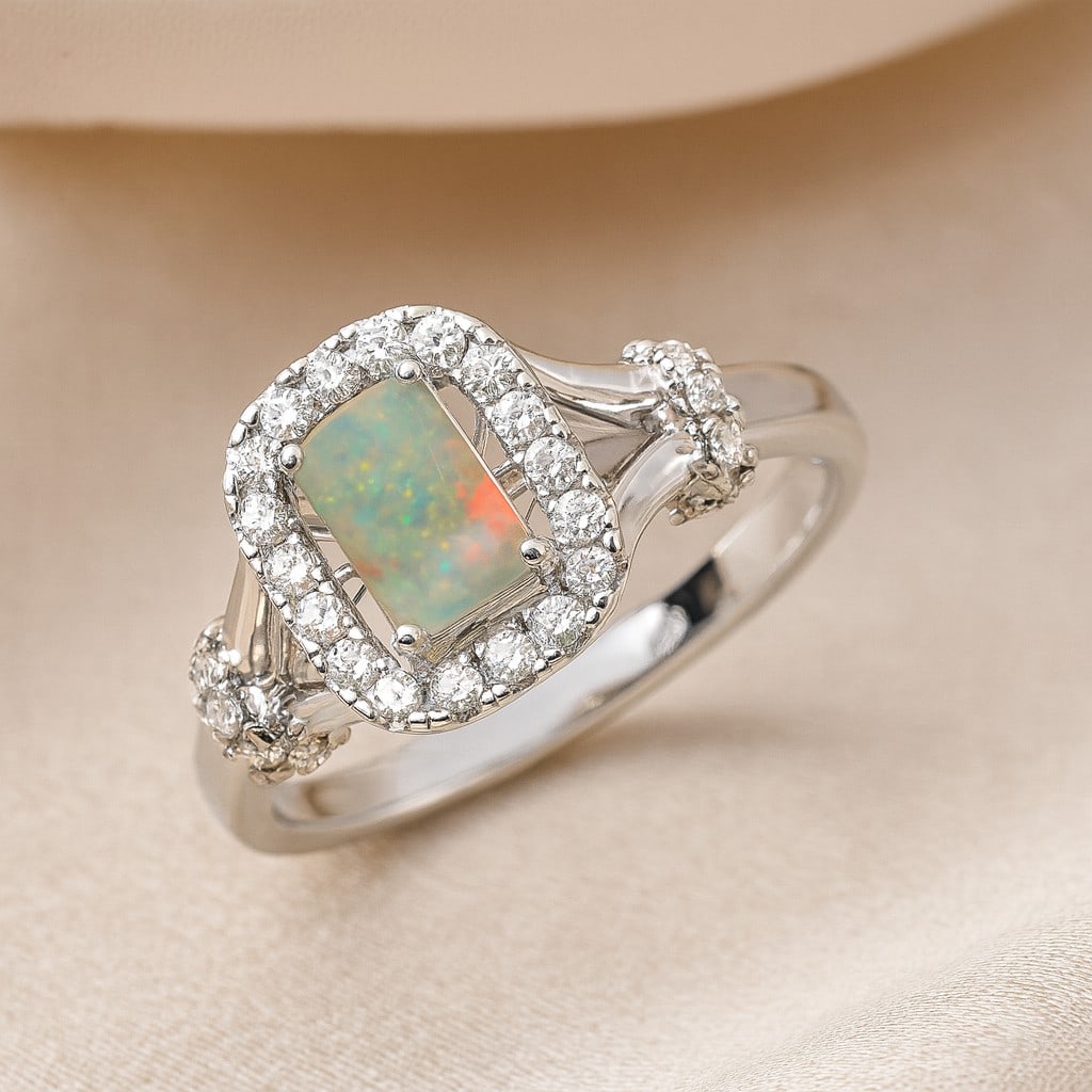 Natural Opal Gemstone & Lab Grown Diamonds Silver Ring: Natural Opal Gemstone & Lab Grown Diamonds Silver Ring Jewelry Type : Ring Gemstone : Natural Opal Gemstone Shape : Emerald Gemstone Size : 6x4 MM Gemstone Quantity : 1 Piece Diamond Type :