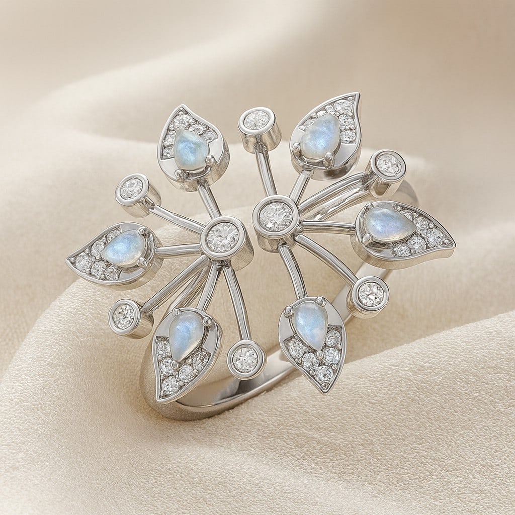 Natural Moonstone Gemstone & Lab Grown Diamonds Silver Ring: Natural Moonstone Gemstone & Lab Grown Diamonds Silver Ring Jewelry Type : Ring Gemstone : Natural Moonstone Gemstone Shape : Pear Gemstone Size : 3x2 MM Gemstone Quantity : 6 Pieces Diamond