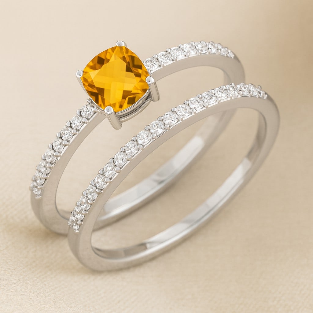 Natural Citrine Gemstone & Lab Grown Diamonds Silver Ring: Natural Citrine Gemstone & Lab Grown Diamonds Silver Ring Jewelry Type : Ring Gemstone : Natural Citrine Gemstone Shape : Cushion Square Gemstone Size : 5 MM Gemstone Quantity : 1 Piece Diam