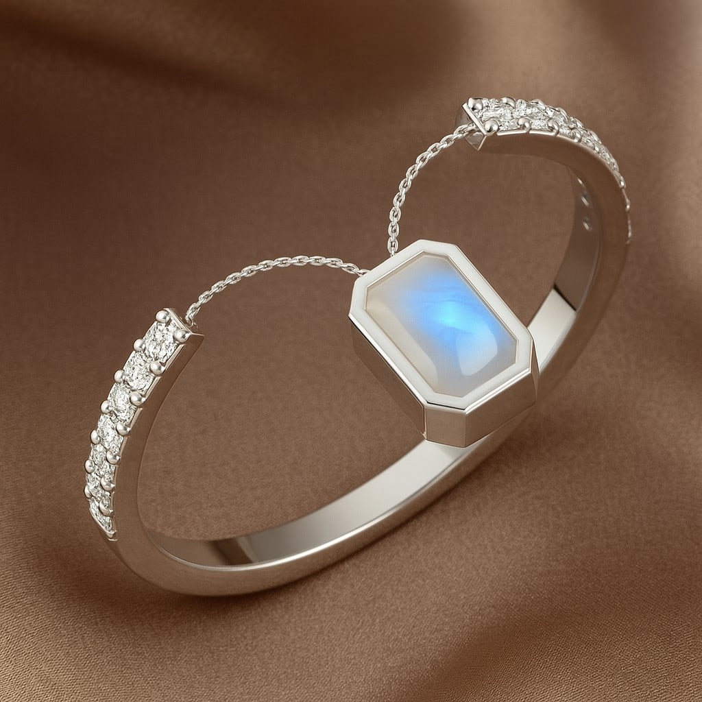 Natural Moonstone Gemstone & Lab Grown Diamonds Silver Ring: Natural Moonstone Gemstone & Lab Grown Diamonds Silver Ring Jewelry Type : Ring Gemstone : Natural Moonstone Gemstone Shape : Emerald Gemstone Size : 5x3 MM Gemstone Quantity : 1 Piece Diamo