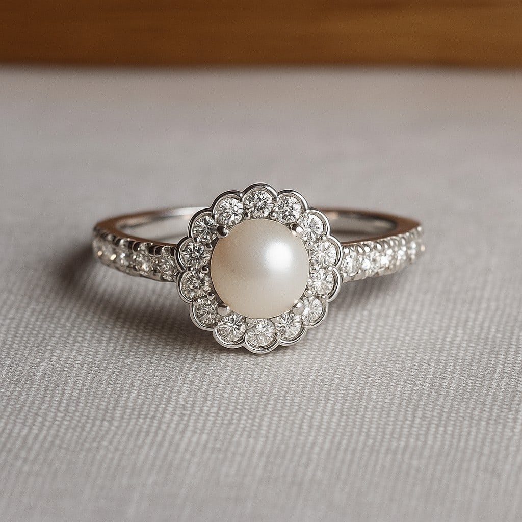 Natural Pearl Gemstone & Lab Grown Diamonds Silver Ring: Natural Pearl Gemstone & Lab Grown Diamonds Silver Ring Jewelry Type : Ring Gemstone : Natural Pearl Gemstone Shape : Round Gemstone Size : 5x5 MM Gemstone Quantity : 1 Piece Diamond Type :