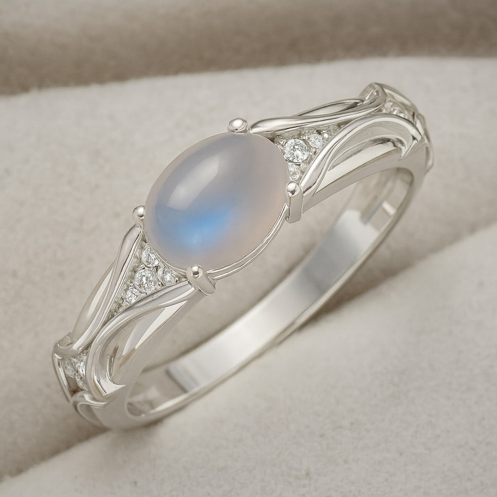 Natural Moonstone Gemstone & Lab Grown Diamonds Silver Ring: Natural Moonstone Gemstone & Lab Grown Diamonds Silver Ring Jewelry Type : Ring Gemstone : Natural Moonstone Gemstone Shape : Oval Gemstone Size : 8x6 MM Gemstone Quantity : 1 Piece Diamond