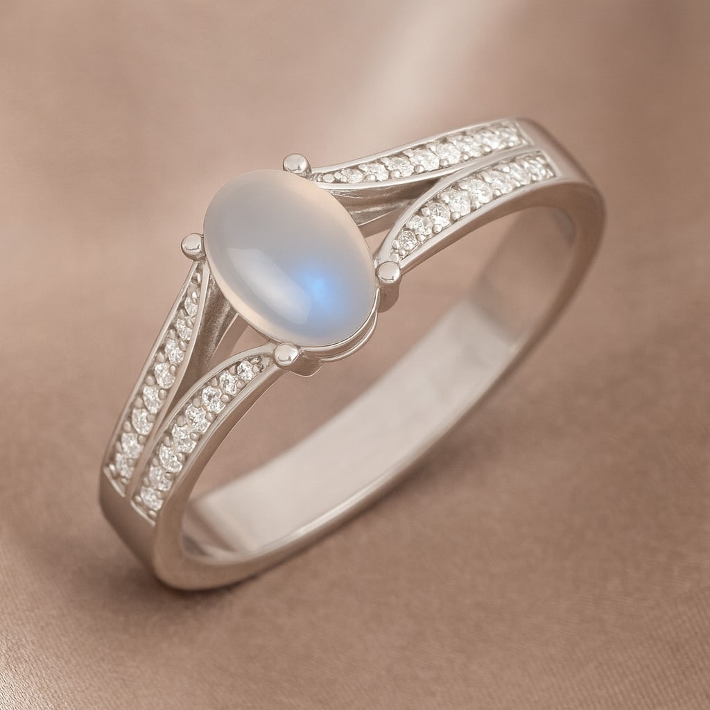 Natural Moonstone Gemstone & Lab Grown Diamonds Silver Ring: Natural Moonstone Gemstone & Lab Grown Diamonds Silver Ring Jewelry Type : Ring Gemstone : Natural Moonstone Gemstone Shape : Oval Gemstone Size : 7x5 MM Gemstone Quantity : 1 Piece Diamond