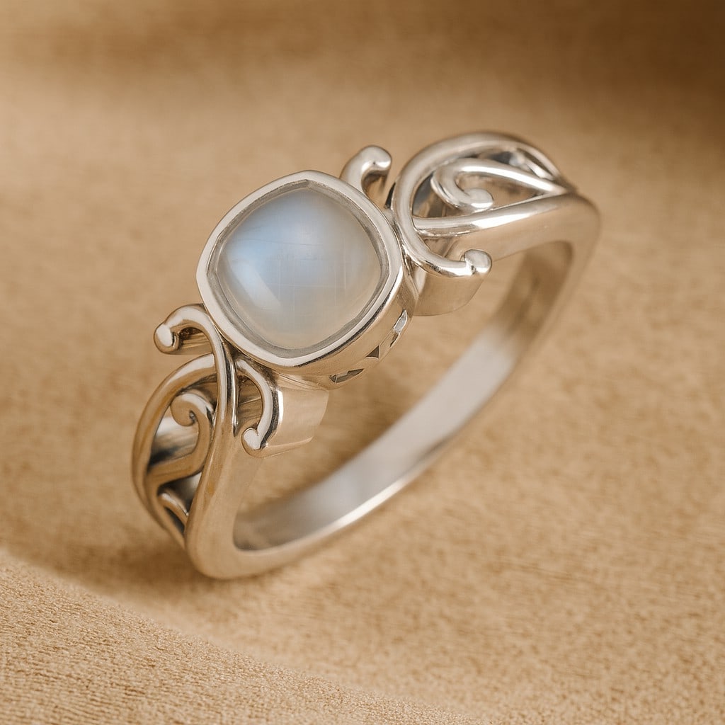 Natural Moonstone Gemstone 92.5 Sterling Silver Ring: Natural Moonstone Gemstone 92.5 Sterling Silver Ring Jewelry Type : Ring Gemstone : Natural Moonstone Gemstone Shape : Cushion Square Gemstone Size : 6 MM Gemstone Quantity : 1 Piece Metal :
