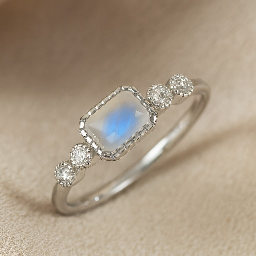 Natural Moonstone Gemstone & Lab Grown Diamonds Silver Ring: Natural Moonstone Gemstone & Lab Grown Diamonds Silver Ring Jewelry Type : Ring Gemstone : Natural Moonstone Gemstone Shape : Emerald Gemstone Size : 6x4 MM Gemstone Quantity : 1 Piece Diamo