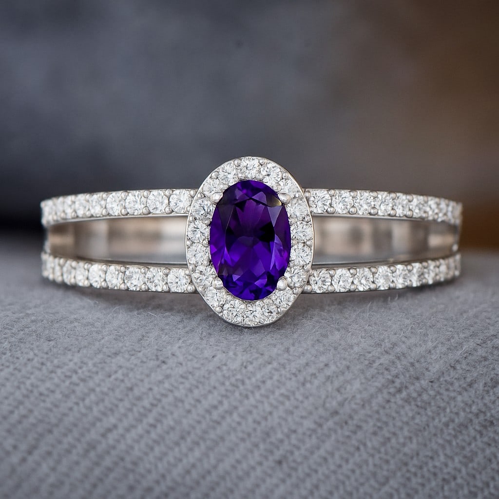 Natural Amethyst Gemstone & Lab Grown Diamonds Silver Ring: Natural Amethyst Gemstone & Lab Grown Diamonds Silver Ring Jewelry Type : Ring Gemstone : Natural Amethyst Gemstone Shape : Oval Gemstone Size : 6x4 MM Gemstone Quantity : 1 Piece Diamond Ty