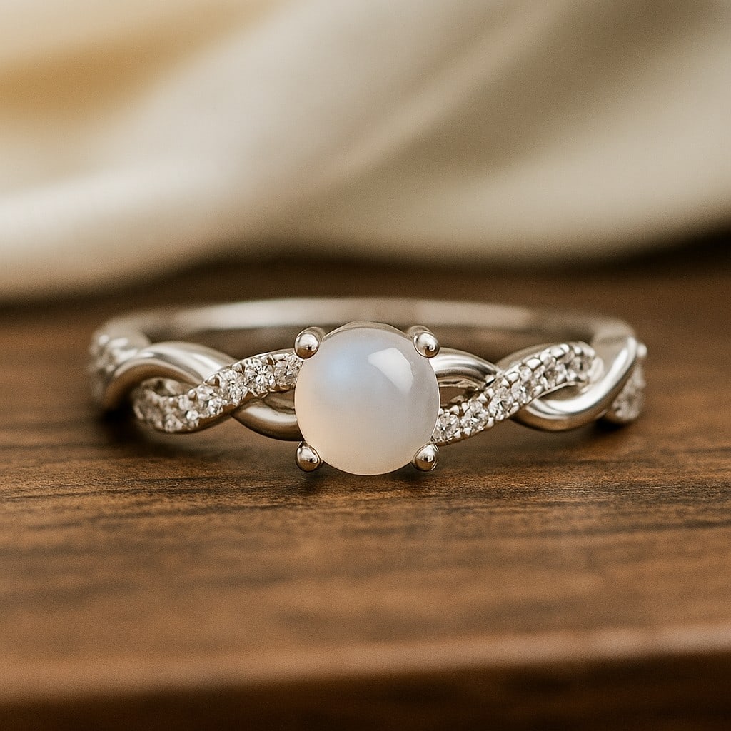 Natural Moonstone Gemstone & Lab Grown Diamonds Silver Ring: Natural Moonstone Gemstone & Lab Grown Diamonds Silver Ring Jewelry Type : Ring Gemstone : Natural Moonstone Gemstone Shape : Round Gemstone Size : 5 MM Gemstone Quantity : 1 Piece Diamond T