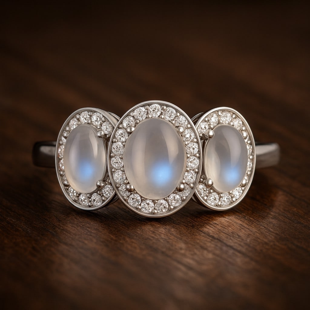 Natural Moonstone Gemstone & Lab Grown Diamonds Silver Ring: Natural Moonstone Gemstone & Lab Grown Diamonds Silver Ring Jewelry Type : Ring Gemstone : Natural Moonstone Gemstone Shape : Oval Gemstone Size : 7x5 MM, 6x4 MM Gemstone Quantity : 1 Piece, 2 Piec