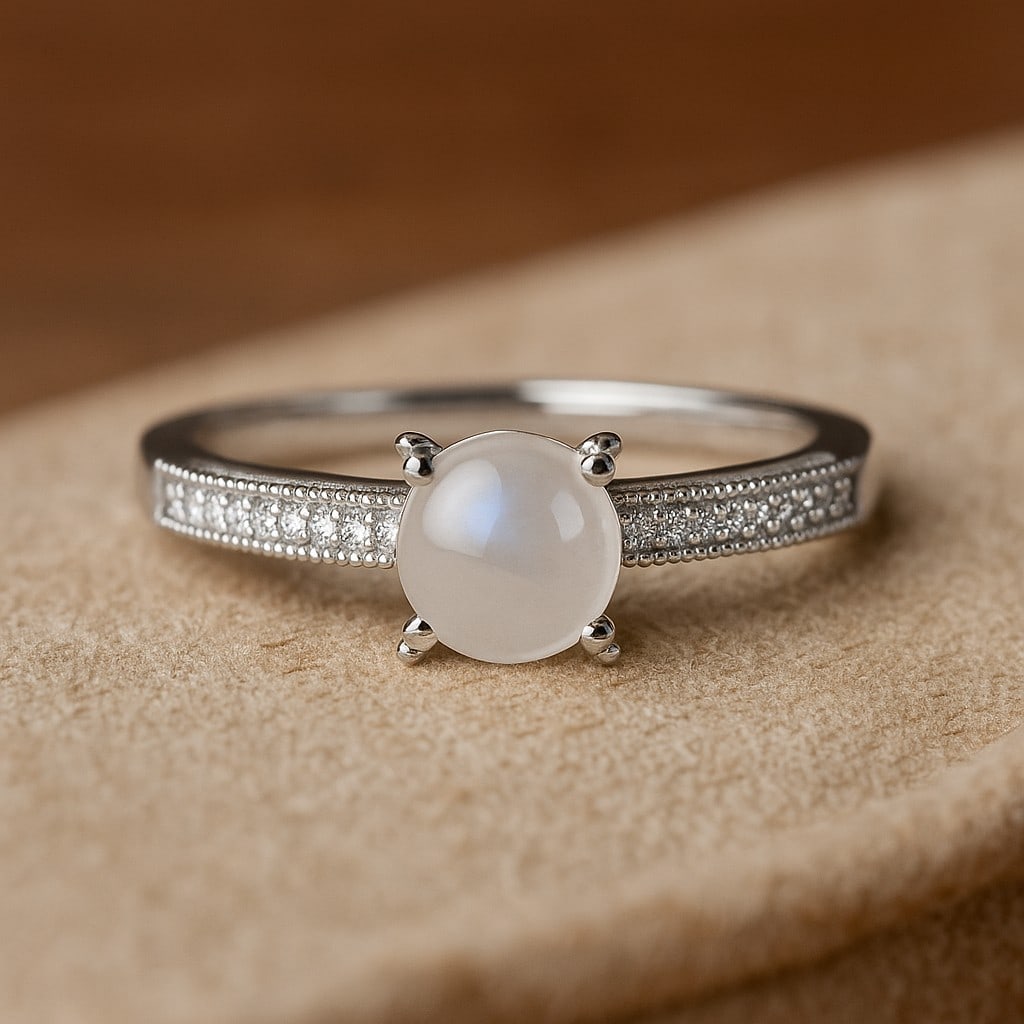 Natural Moonstone Gemstone & Lab Grown Diamonds Silver Ring: Natural Moonstone Gemstone & Lab Grown Diamonds Silver Ring Jewelry Type : Ring Gemstone : Natural Moonstone Gemstone Shape : Round Gemstone Size : 5 MM Gemstone Quantity : 1 Piece Diamond T
