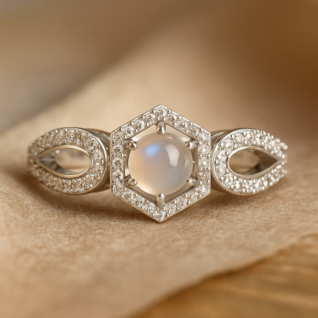 Natural Moonstone Gemstone & Lab Grown Diamonds Silver Ring: Natural Moonstone Gemstone & Lab Grown Diamonds Silver Ring Jewelry Type : Ring Gemstone : Natural Moonstone Gemstone Shape : Round Gemstone Size : 5 MM Gemstone Quantity : 1 Piece Diamond T