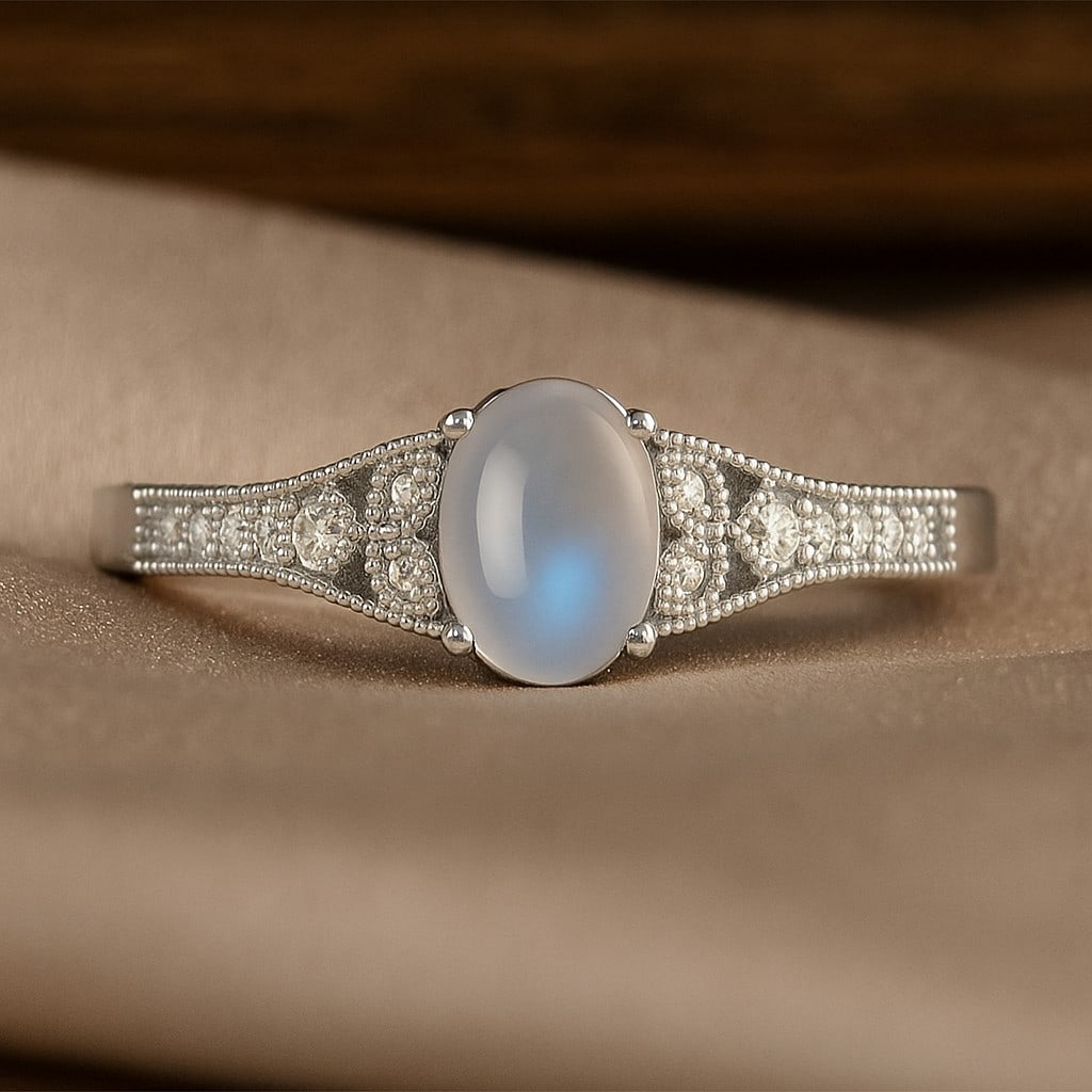 Natural Moonstone Gemstone & Lab Grown Diamonds Silver Ring: Natural Moonstone Gemstone & Lab Grown Diamonds Silver Ring Jewelry Type : Ring Gemstone : Natural Moonstone Gemstone Shape : Oval Gemstone Size : 7x5 MM Gemstone Quantity : 1 Piece Diamond