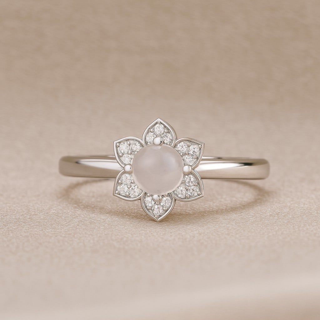 Natural Moonstone Gemstone & Lab Grown Diamonds Silver Ring: Natural Moonstone Gemstone & Lab Grown Diamonds Silver Ring Jewelry Type : Ring Gemstone : Natural Moonstone Gemstone Shape : Round Gemstone Size : 5 MM Gemstone Quantity : 1 Piece Diamond T