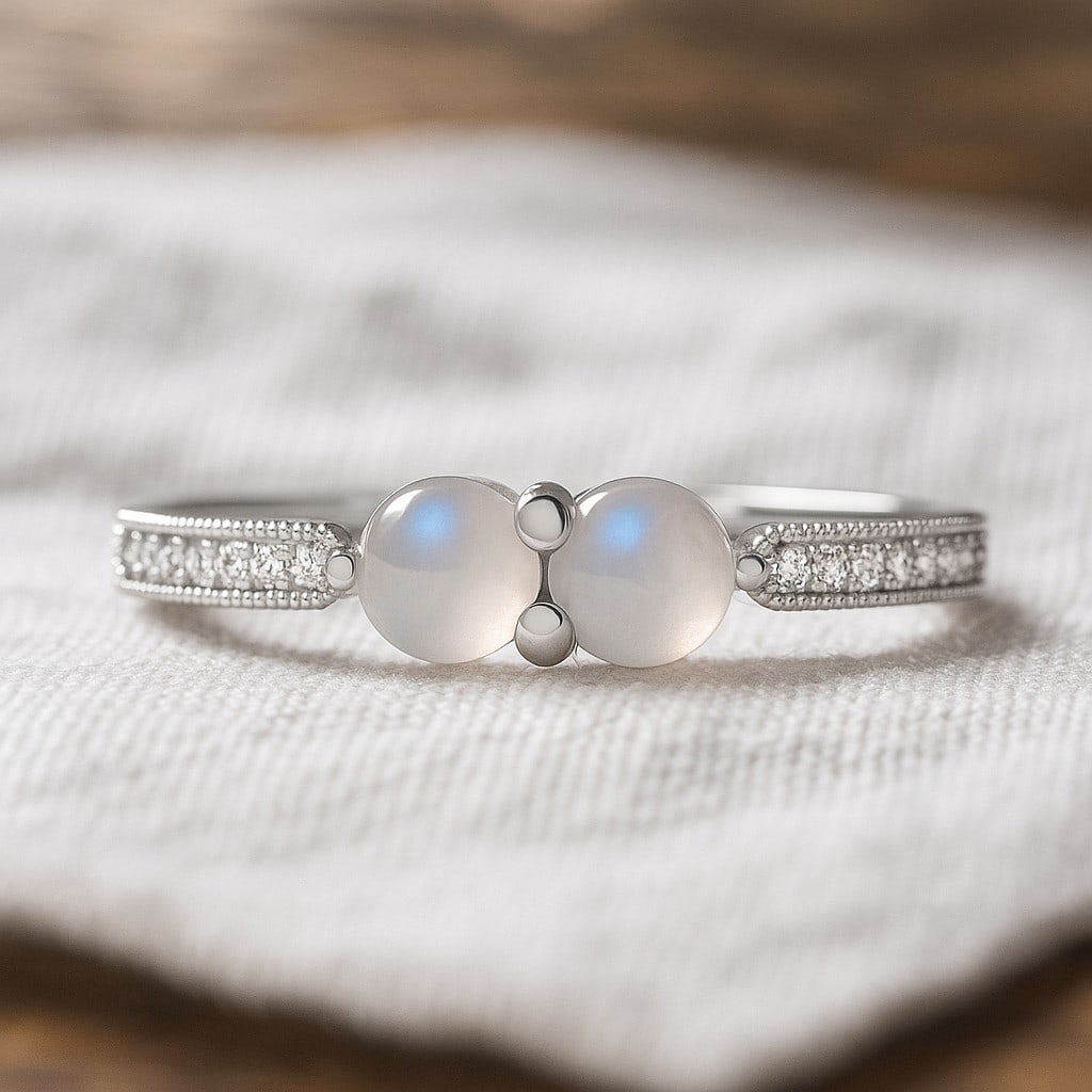 Natural Moonstone Gemstone & Lab Grown Diamonds Silver Ring (1 of 7)