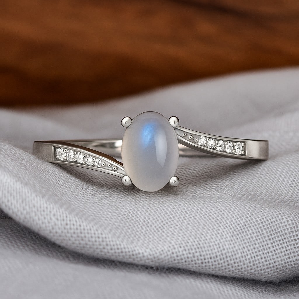 Natural Moonstone Gemstone & Lab Grown Diamonds Silver Ring: Natural Moonstone Gemstone & Lab Grown Diamonds Silver Ring Jewelry Type : Ring Gemstone : Natural Moonstone Gemstone Shape : Oval Gemstone Size : 7x5 MM Gemstone Quantity : 1 Piece Diamond