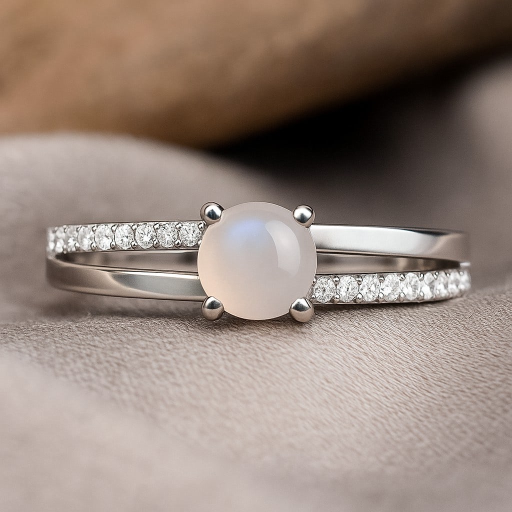 Natural Moonstone Gemstone & Lab Grown Diamonds Silver Ring: Natural Moonstone Gemstone & Lab Grown Diamonds Silver Ring Jewelry Type : Ring Gemstone : Natural Moonstone Gemstone Shape : Round Gemstone Size : 6 MM Gemstone Quantity : 1 Piece Diamond T