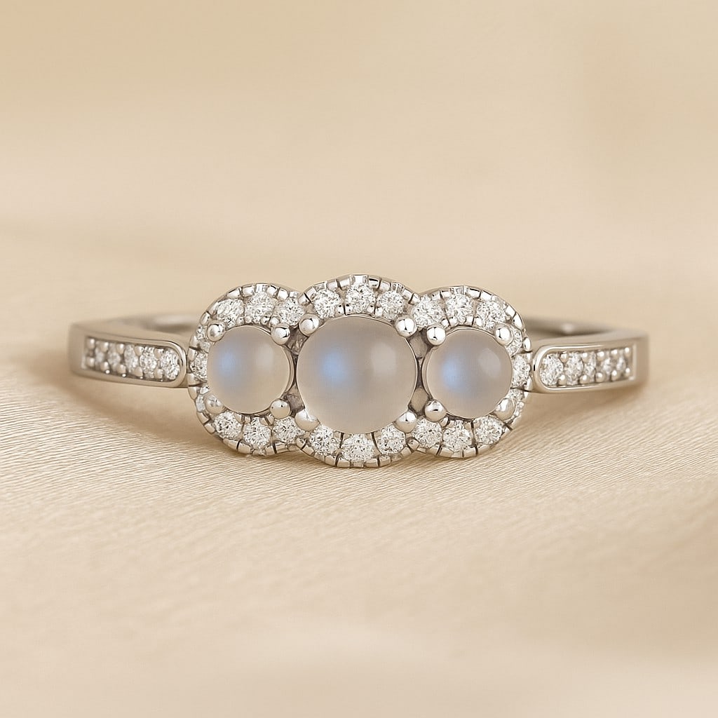 Natural Moonstone Gemstone & Lab Grown Diamonds Silver Ring: Natural Moonstone Gemstone & Lab Grown Diamonds Silver Ring Jewelry Type : Ring Gemstone : Natural Moonstone Gemstone Shape : Round Gemstone Size : 4 MM, 3MM Gemstone Quantity : 1 Piece, 2 Pieces</