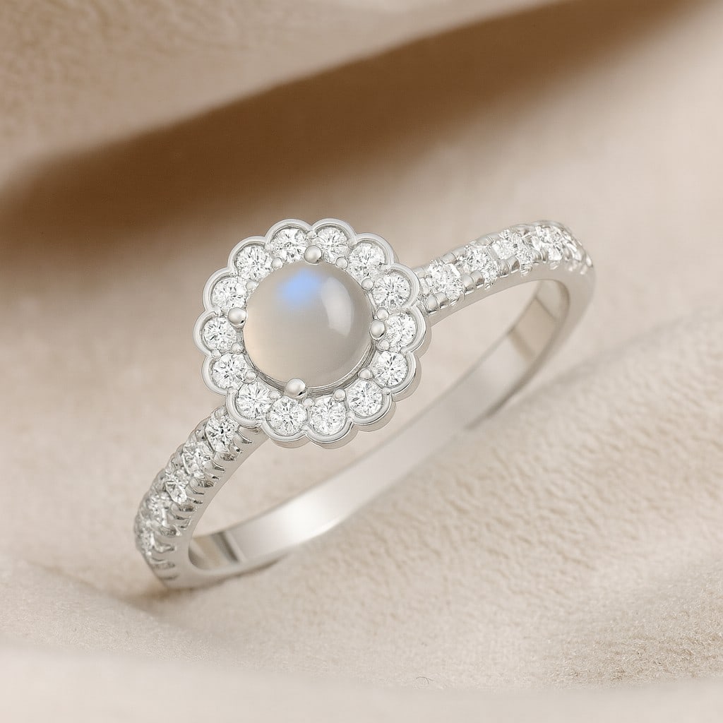 Natural Moonstone Gemstone & Lab Grown Diamonds Silver Ring: Natural Moonstone Gemstone & Lab Grown Diamonds Silver Ring Jewelry Type : Ring Gemstone : Natural Moonstone Gemstone Shape : Round Gemstone Size : 5x5 MM Gemstone Quantity : 1 Piece Diamond