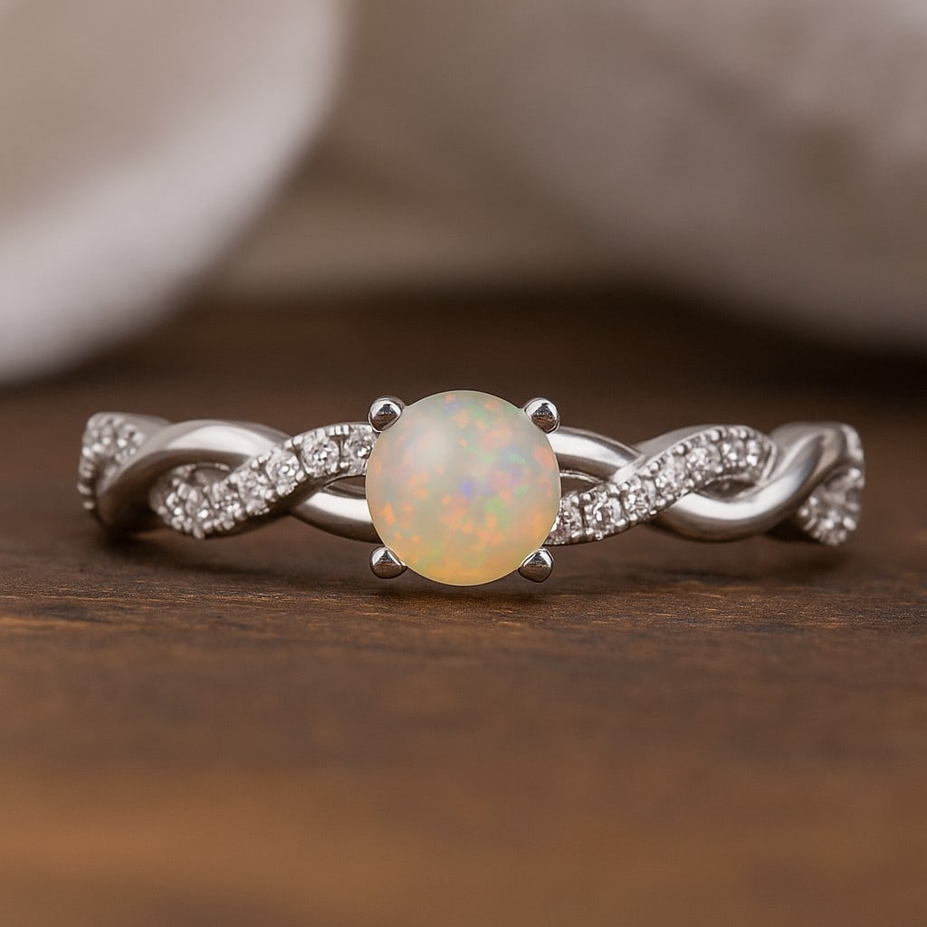 Natural Opal Gemstone & Lab Grown Diamonds Silver Ring: Natural Opal Gemstone & Lab Grown Diamonds Silver Ring Jewelry Type : Ring Gemstone : Natural Opal Gemstone Shape : Round Gemstone Size : 5 MM Gemstone Quantity : 1 Piece Diamond Type : L