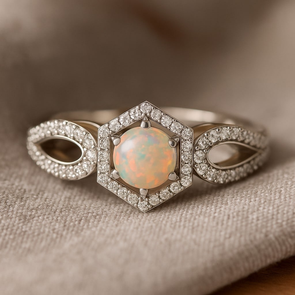 Natural Opal Gemstone & Lab Grown Diamonds Silver Ring: Natural Opal Gemstone & Lab Grown Diamonds Silver Ring Jewelry Type : Ring Gemstone : Natural Opal Gemstone Shape : Round Gemstone Size : 5 MM Gemstone Quantity : 1 Piece Diamond Type : L
