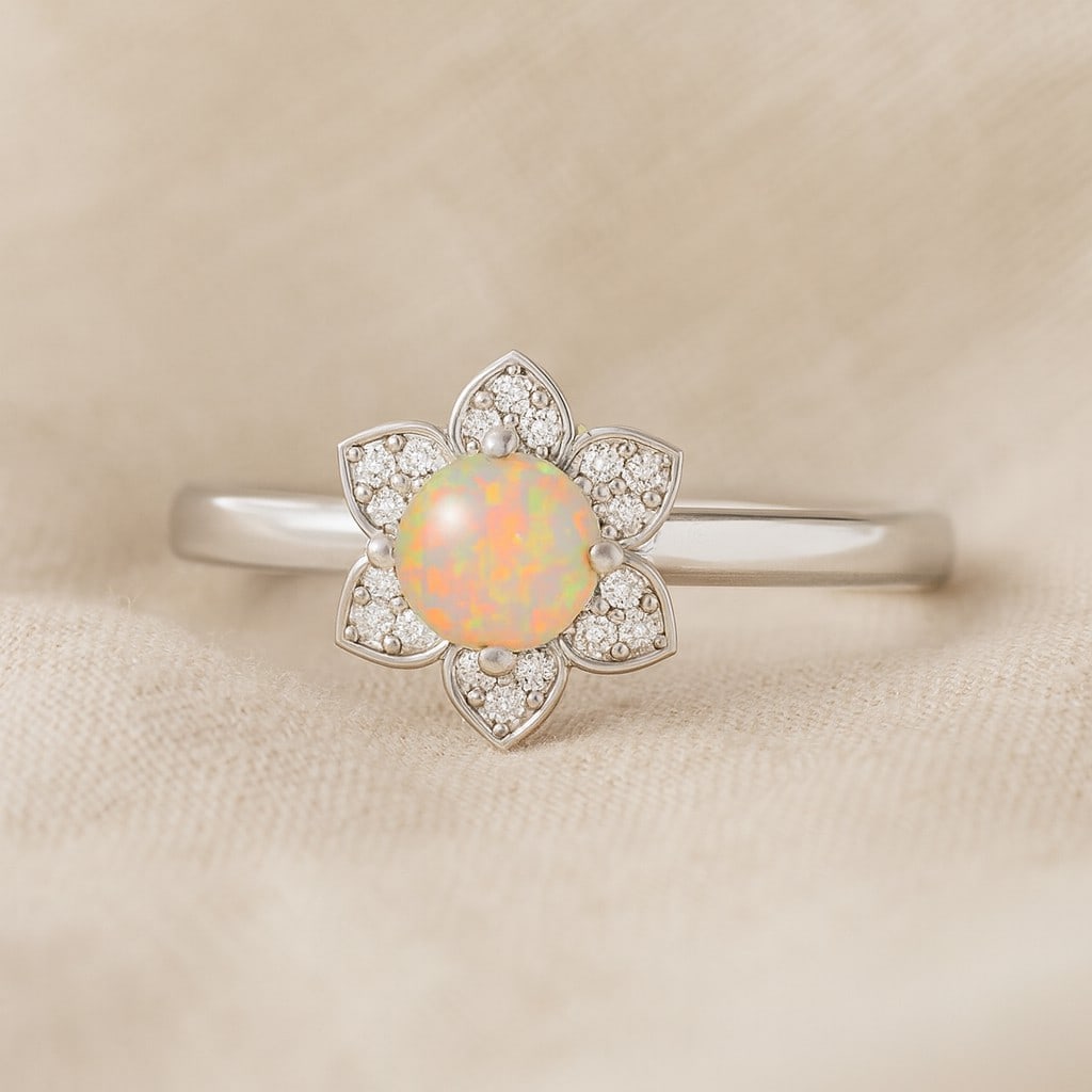 Natural Opal Gemstone & Lab Grown Diamonds Silver Ring: Natural Opal Gemstone & Lab Grown Diamonds Silver Ring Jewelry Type : Ring Gemstone : Natural Opal Gemstone Shape : Round Gemstone Size : 5 MM Gemstone Quantity : 1 Piece Diamond Type : L