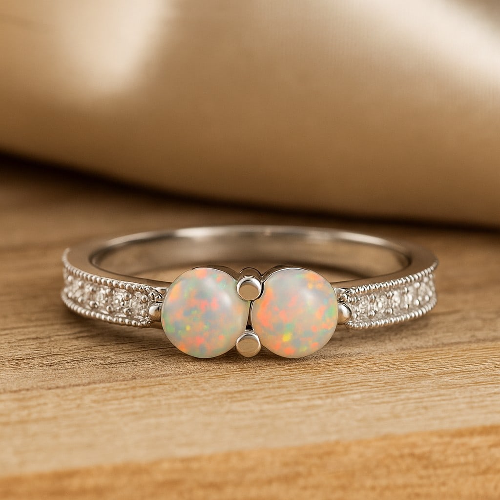 Natural Opal Gemstone & Lab Grown Diamonds Silver Ring: Natural Opal Gemstone & Lab Grown Diamonds Silver Ring Jewelry Type : Ring Gemstone : Natural Opal Gemstone Shape : Round Gemstone Size : 4 MM Gemstone Quantity : 2 Pieces Diamond Type :