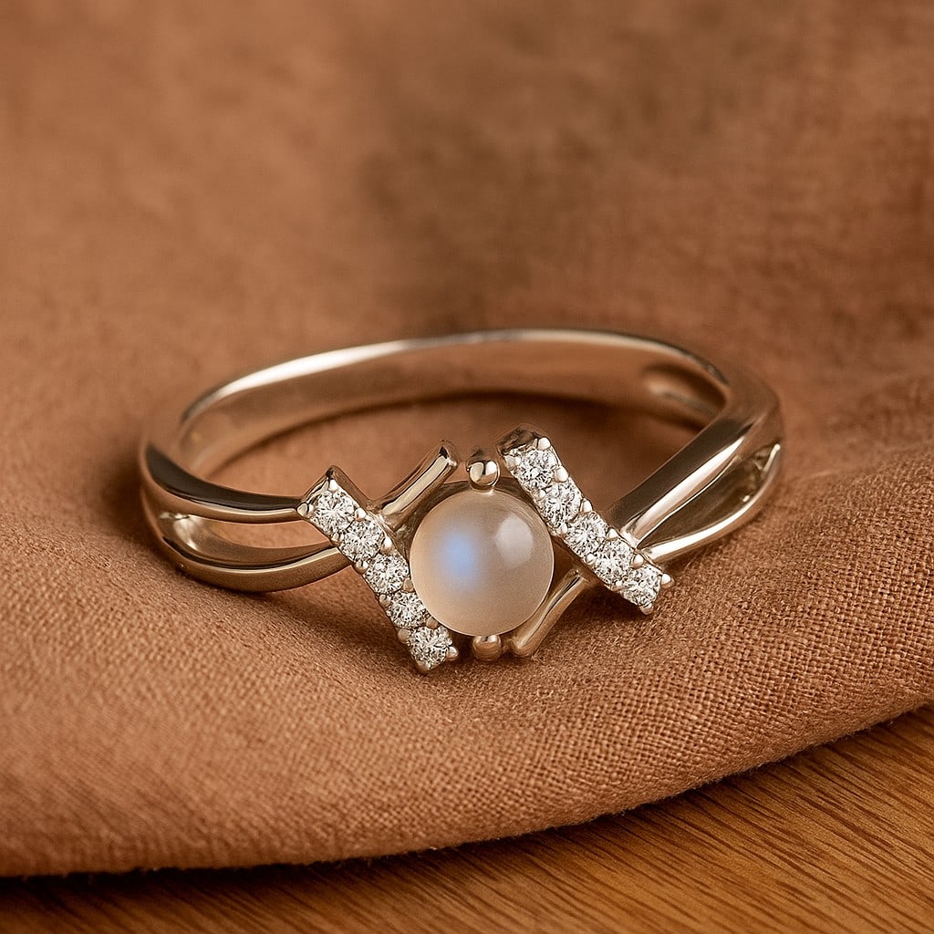 Natural Moonstone Gemstone & Lab Grown Diamonds Silver Ring: Natural Moonstone Gemstone & Lab Grown Diamonds Silver Ring Jewelry Type : Ring Gemstone : Natural Moonstone Gemstone Shape : Round Gemstone Size : 4.5 MM Gemstone Quantity : 1 Piece Diamond