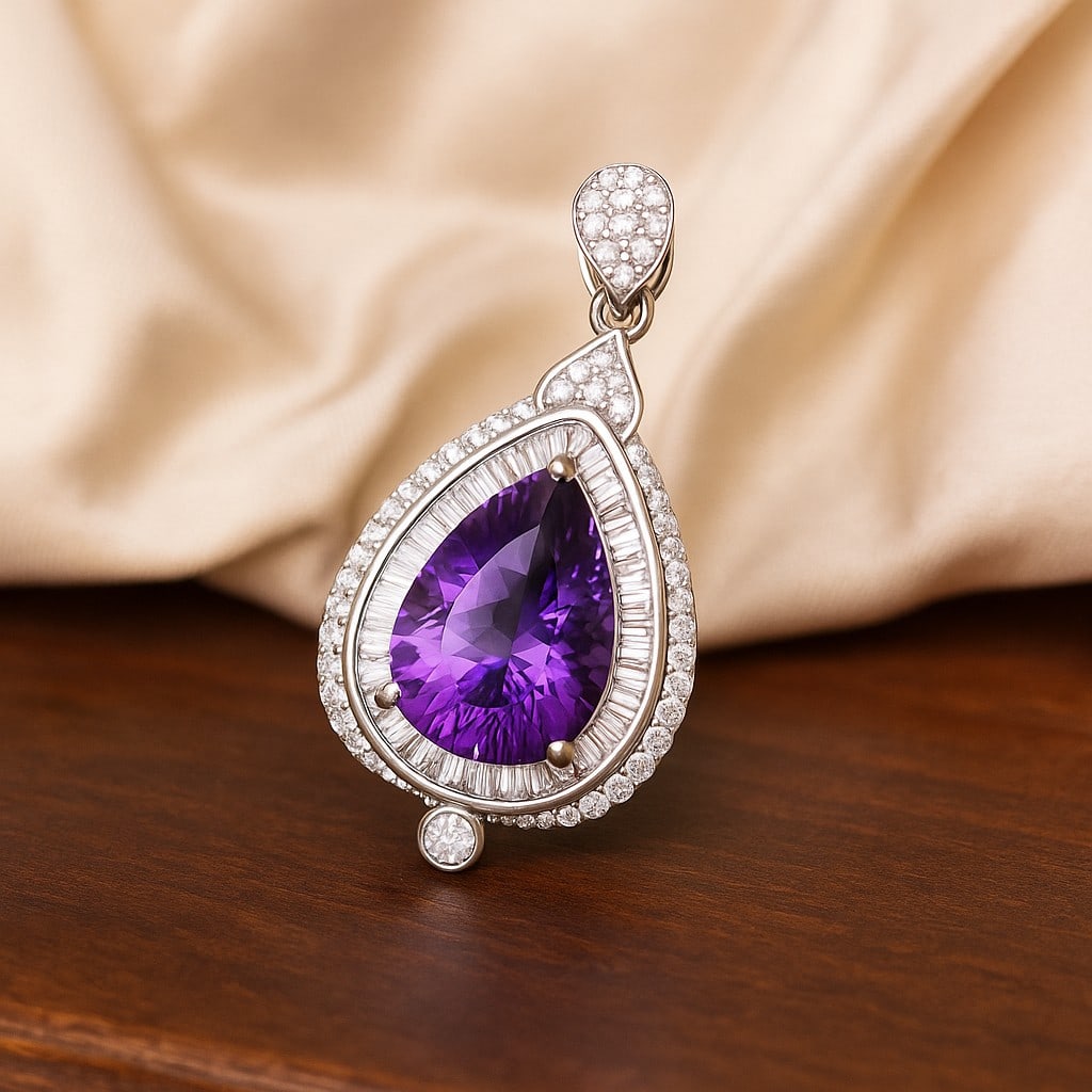 Natural Amethyst Gemstone 92.5 Sterling Silver Pendant: Natural Amethyst Gemstone 92.5 Sterling Silver Pendant Jewelry Type : Pendant Gemstone : Amethyst Gemstone Shape : Pear Gemstone Size : 14x10 MM Metal : Sterling Silver Metal Purity : 9