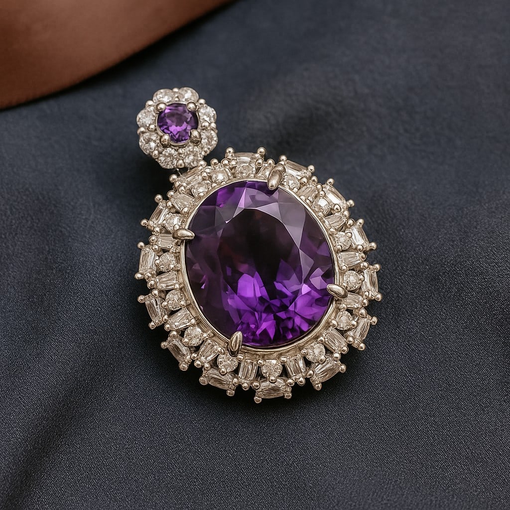Natural Amethyst Gemstone 92.5 Sterling Silver Pendant: Natural Amethyst Gemstone 92.5 Sterling Silver Pendant Jewelry Type : Pendant Gemstone : Amethyst Gemstone Shape : Oval Gemstone Size : 14x12 MM Metal : Sterling Silver Metal Purity : 9