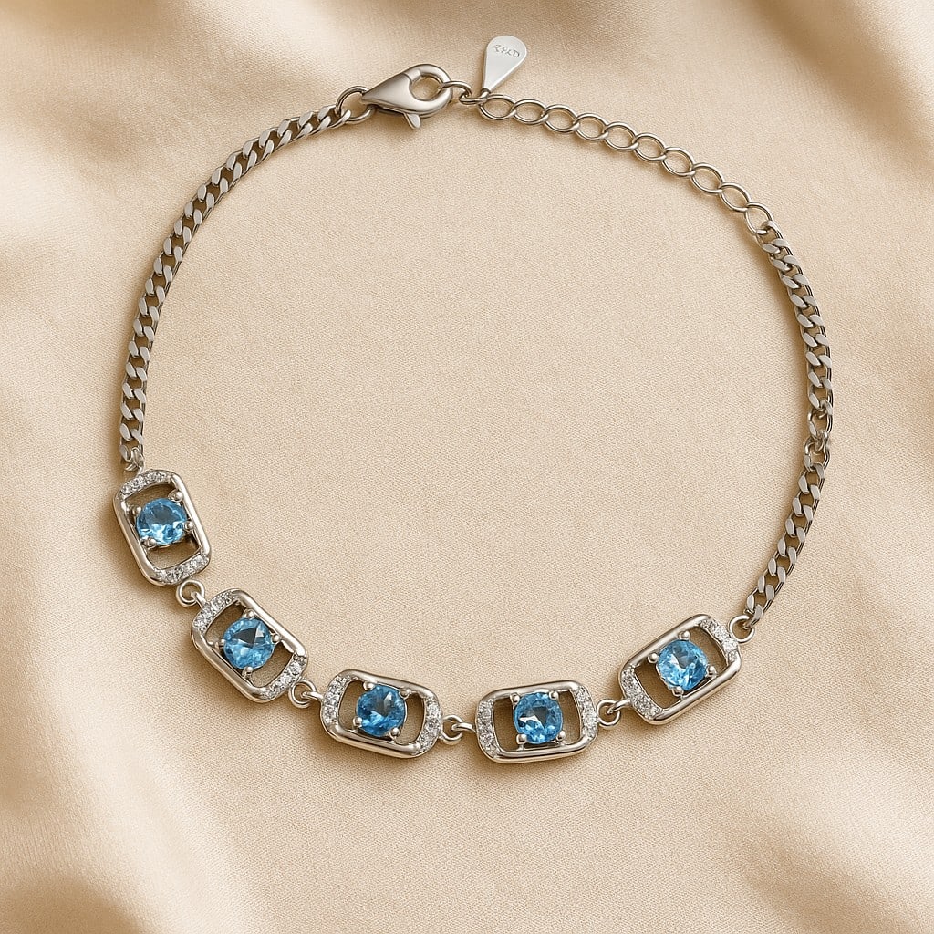 Natural Swiss Blue Topaz Gemstone 92.5 Sterling Silver Adjustable Bracelet: Natural Swiss Blue Topaz Gemstone 92.5 Sterling Silver Adjustable Bracelet Jewelry Type : Bracelet Gemstone : Swiss Blue Topaz Gemstone Shape : Round Gemstone Size : 5 MM Metal : Sterling Silver