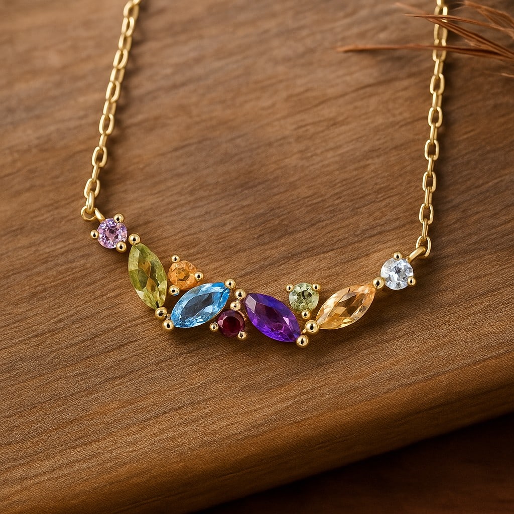 Natural Multi Gemstone 92.5 Sterling Silver Adjustable Necklace: Natural Multi Gemstone 92.5 Sterling Silver Adjustable Necklace Jewelry Type : Necklace Gemstone : Peridot, Citrine, Topaz. Amethyst Gemstone Shape : Marquise, Round Gemstone Size : 2.5x5, 2.5 MM Meta