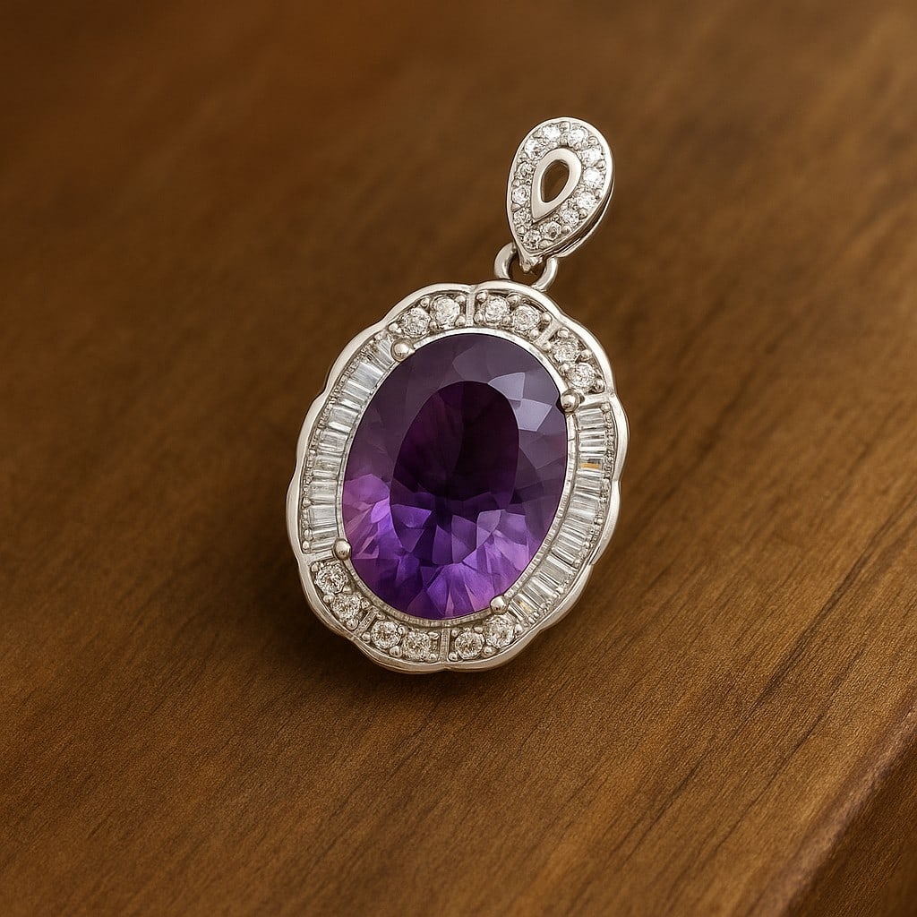 Natural Amethyst Gemstone 92.5 Sterling Silver Pendant: Natural Amethyst Gemstone 92.5 Sterling Silver Pendant Jewelry Type : Pendant Gemstone : Amethyst Gemstone Shape : Oval Gemstone Size : 14x10 MM Metal : Sterling Silver Metal Purity : 9