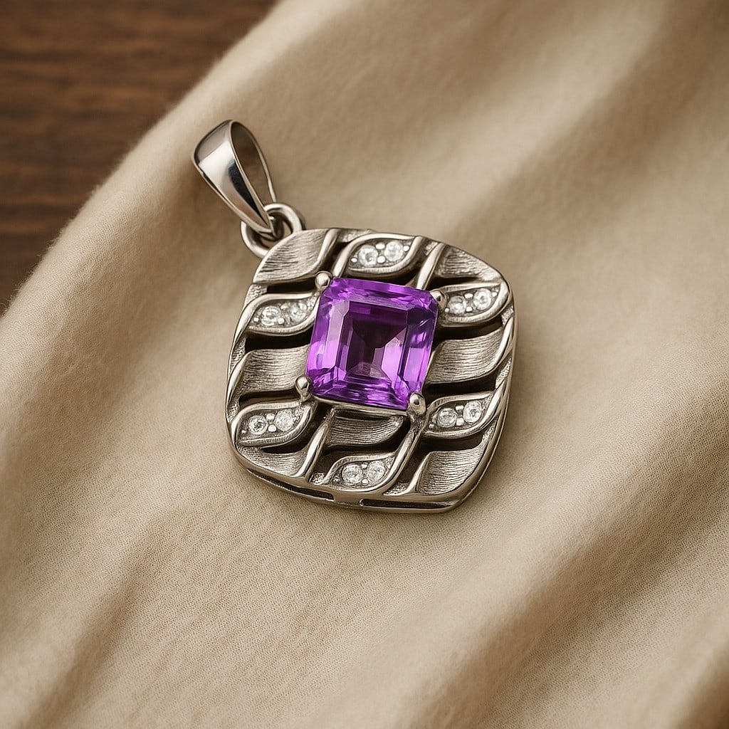 Natural Amethyst Gemstone 92.5 Sterling Silver Pendant: Natural Amethyst Gemstone 92.5 Sterling Silver Pendant Jewelry Type : Pendant Gemstone : Amethyst Gemstone Shape : Square Gemstone Size : 5.5 MM Metal : Sterling Silver Metal Purity : 9