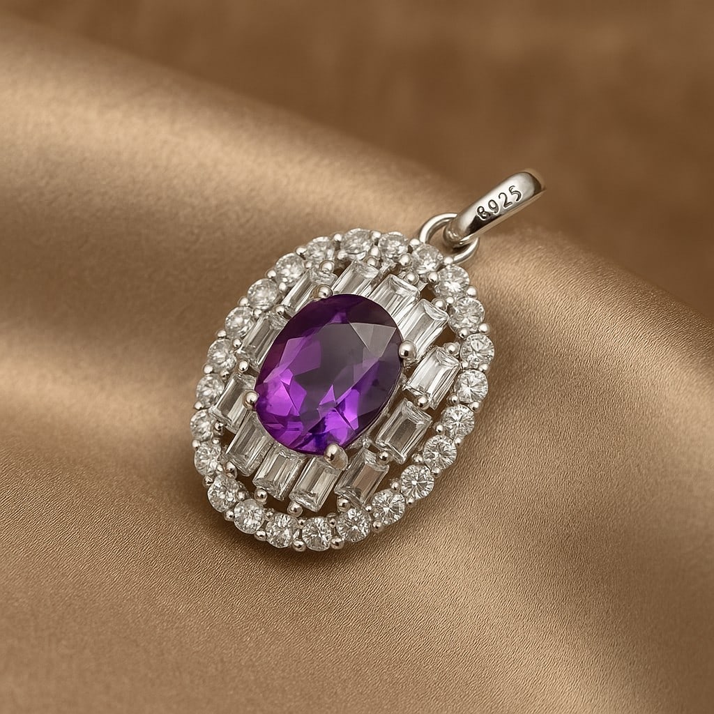 Natural Amethyst Gemstone 92.5 Sterling Silver Pendant: Natural Amethyst Gemstone 92.5 Sterling Silver Pendant Jewelry Type : Pendant Gemstone : Amethyst Gemstone Shape : Oval Gemstone Size : 9x7 MM Metal : Sterling Silver Metal Purity : 92.