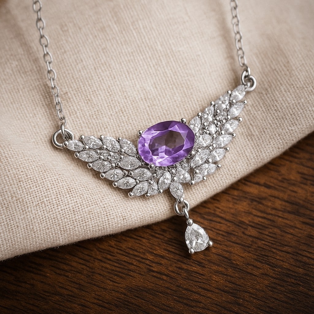 Natural Amethyst Gemstone 92.5 Sterling Silver Adjustable Necklace (1 of 5)
