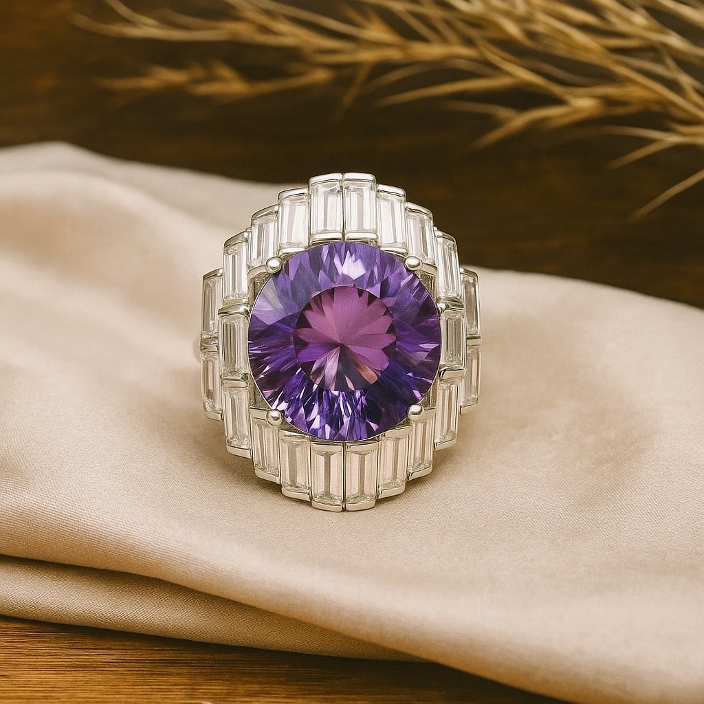 Natural Amethyst Gemstone 92.5 Sterling Silver Adjustable Ring: Natural Amethyst Gemstone 92.5 Sterling Silver Adjustable Ring Jewelry Type : Ring Gemstone : Amethyst Gemstone Shape : Round Gemstone Size : 13 MM Metal : Sterling Silver Metal Purity :