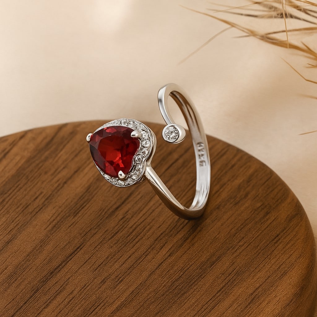 Natural Garnet Gemstone 92.5 Sterling Silver Adjustable Ring: Natural Garnet Gemstone 92.5 Sterling Silver Adjustable Ring Jewelry Type : Ring Gemstone : Garnet Gemstone Shape : Heart Gemstone Size : 7 MM Metal : Sterling Silver Metal Purity : 92.5