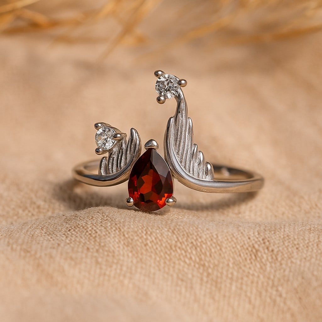Natural Garnet Gemstone 92.5 Sterling Silver Adjustable Ring: Natural Garnet Gemstone 92.5 Sterling Silver Adjustable Ring Jewelry Type : Ring Gemstone : Garnet Gemstone Shape : Pear Gemstone Size : 7x5 MM Metal : Sterling Silver Metal Purity : 92.