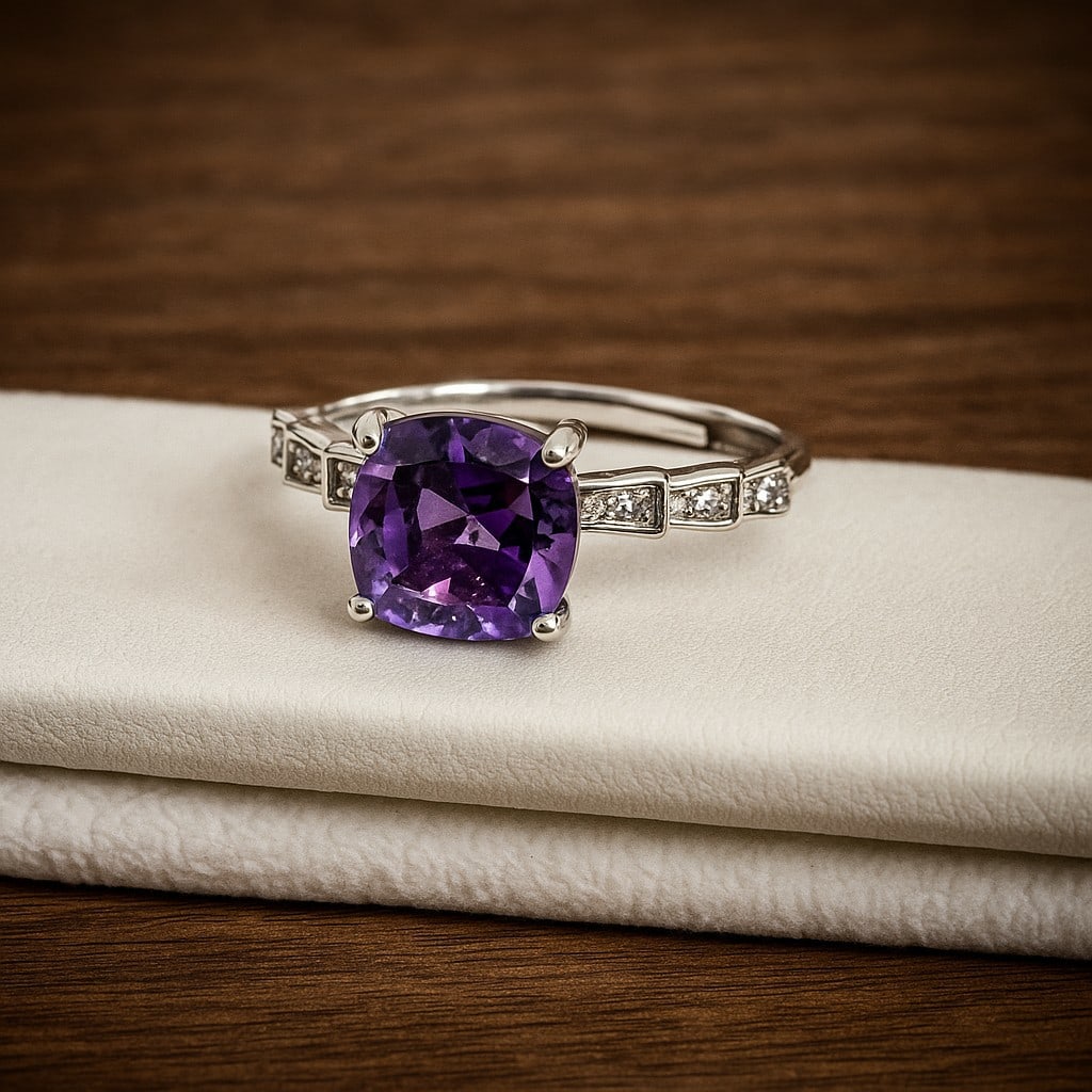 Natural Amethyst Gemstone 92.5 Sterling Silver Adjustable Ring: Natural Amethyst Gemstone 92.5 Sterling Silver Adjustable Ring Jewelry Type : Ring Gemstone : Amethyst Gemstone Shape : Cushion Gemstone Size : 8 MM Metal : Sterling Silver Metal Purity :