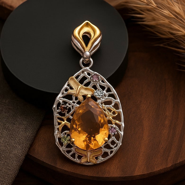Natural Citrine & Tourmaline Gemstone 92.5 Sterling Silver Pendant (1 of 7)