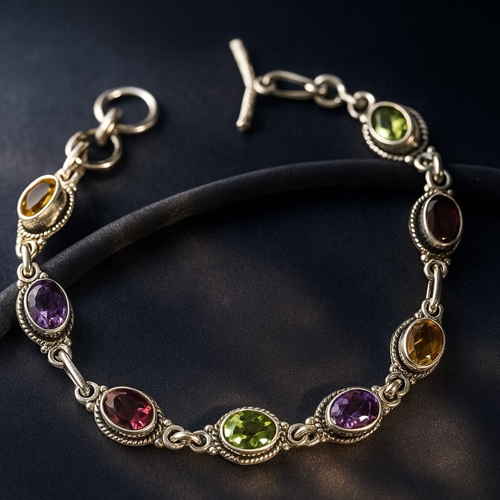 SEMI PRECIOUS GEMSTONE 92.5 STERLING SILVER BRACELET: SEMI PRECIOUS GEMSTONE 92.5 STERLING SILVER BRACELET Product Type : BRACELET Main Stone : AMETHYST/PERIDOT/CITRINE/GARNET Main Stone Shape : OVAL Main Stone Size : 7X5 MM Main Stone Color : MULTICOLOR