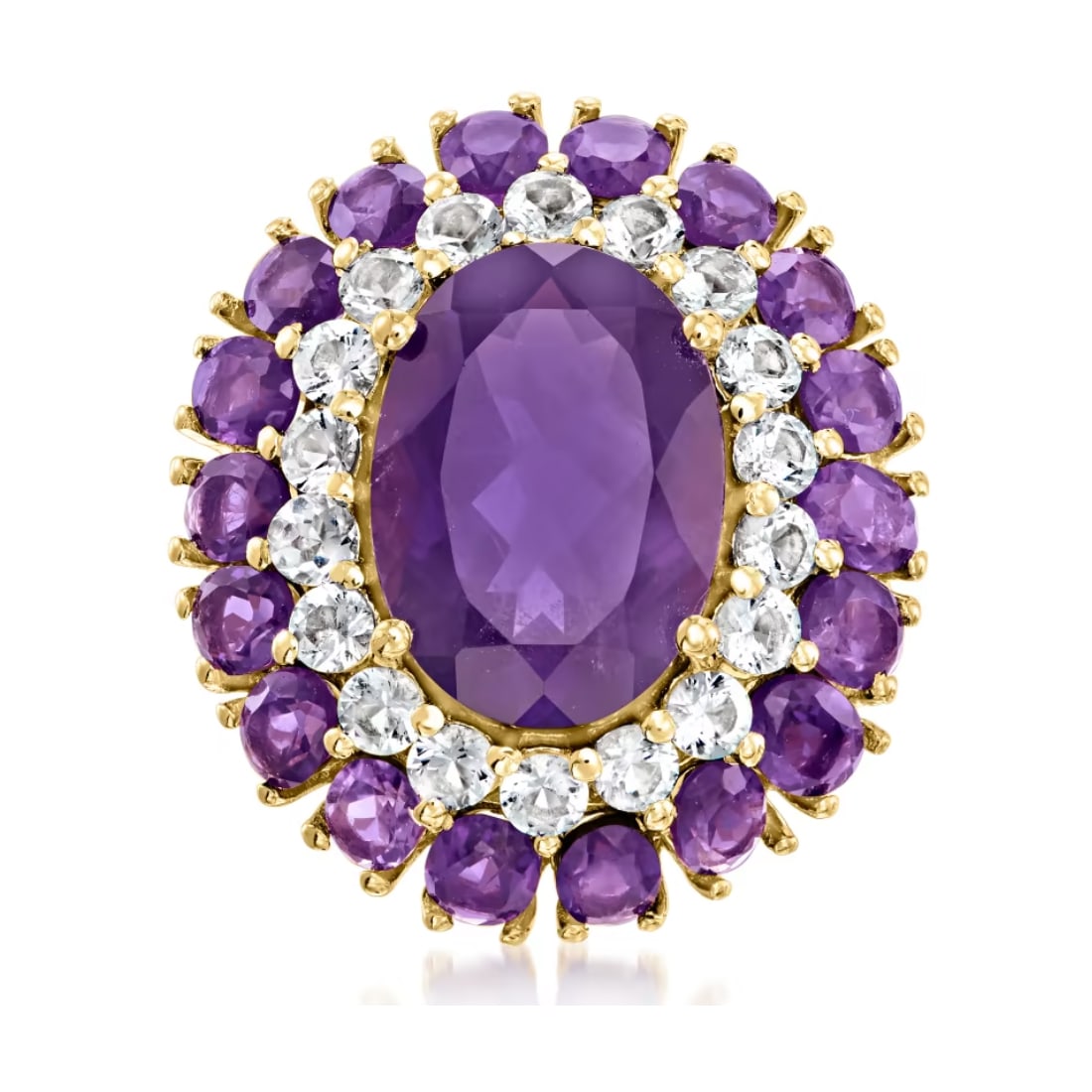 Amethyst & White Topaz Gemstone 18k Gold Over Sterling Silver Ring: Amethyst & White Topaz Gemstone 18k Gold Over Sterling Silver Ring Jewelry Type : Ring Main Stone : Amethyst and White Topaz Main Stone Shape and Size : Oval 14x10 MM (1 Piece) , Oval 4x3 MM (18 Piece