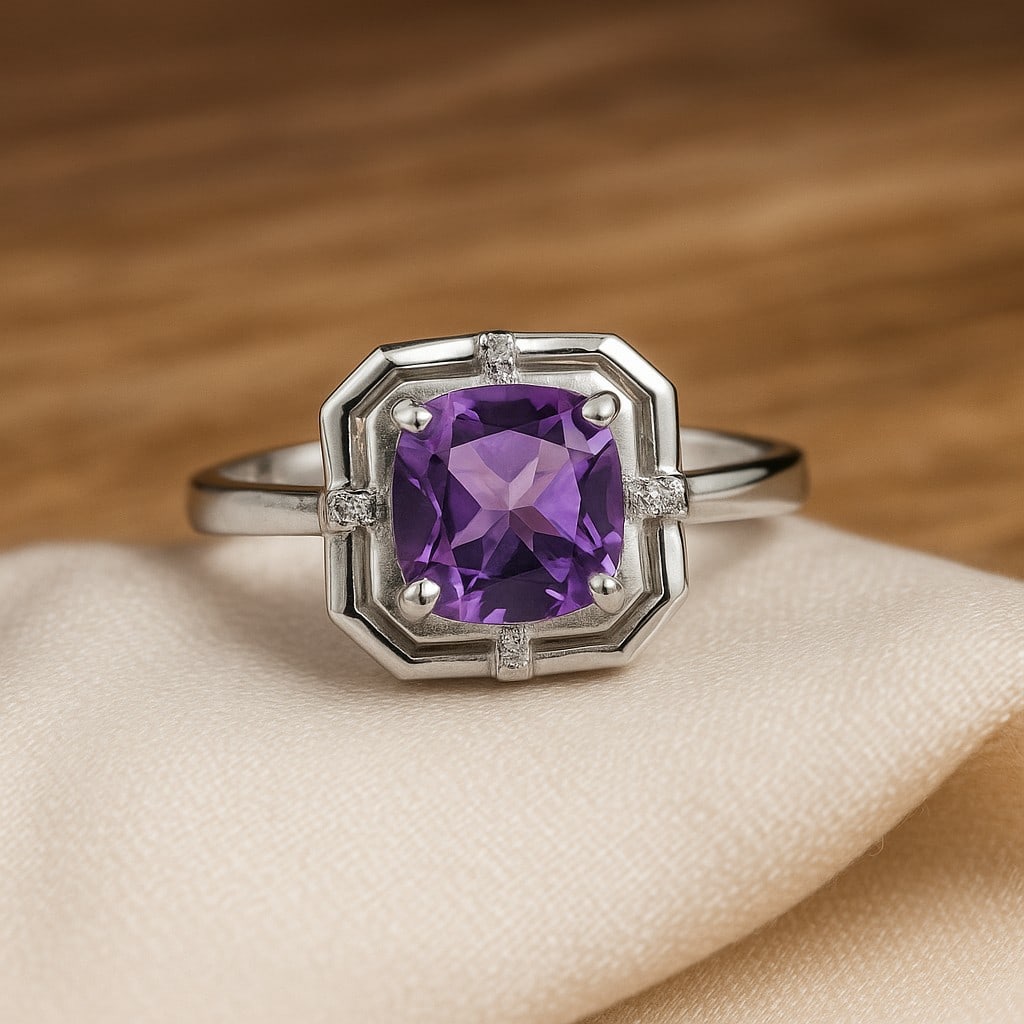 Natural Amethyst Gemstone 92.5 Sterling Silver Adjustable Ring: Natural Amethyst Gemstone 92.5 Sterling Silver Adjustable Ring Jewelry Type : Ring Gemstone : Amethyst Gemstone Shape : Cushion Gemstone Size : 8 MM Metal : Sterling Silver Metal Purity :