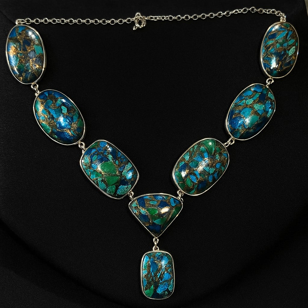 COPPER CHRYSOCOLLA GEMSTONE 92.5 STERLING SILVER HANDAMDE NECKLACE: COPPER CHRYSOCOLLA GEMSTONE 92.5 STERLING SILVER HANDAMDE NECKLACE Product Type : NECKLACE Main Stone : COPPER CHRYSOCOLLA Main Stone Shape : MIX Main Stone Size : MIX Main Stone Color : MULTICOLOR Me